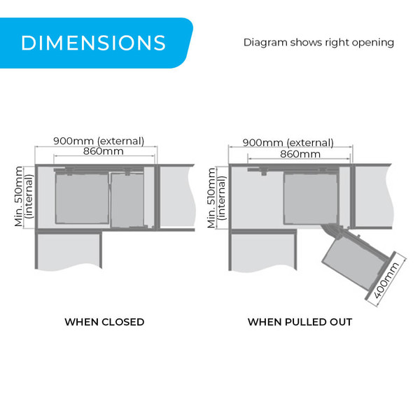 Blind corner kitchen cabinet pull-out storage with four grey baskets and right-hand opening dimensions diagram.
