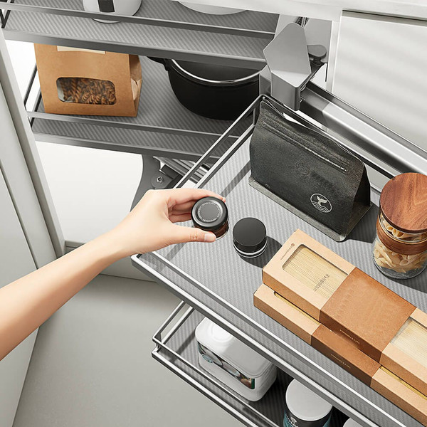 Organize your kitchen with a blind corner cabinet pull-out storage solution featuring a two-tier grey shelf system for decluttering corner cupboards.
