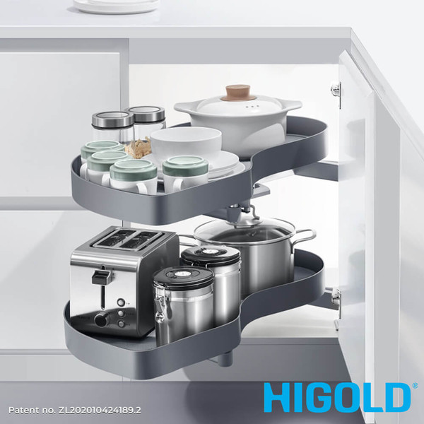 HIGOLD Australia Shearer Swing Out Kitchen Corner Storage for 900mm Cupboard Left Open Matte Grey Finish