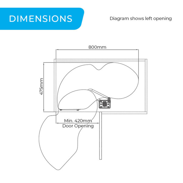 Dimensions diagram for Higold Diamond Swing Out Kitchen Corner Storage Left Opening unit in Australia.