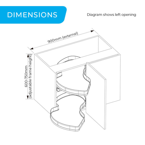 Assembled dimensions diagram of a HIGOLD Diamond Style Swing Out Kitchen Corner Storage unit with left-hand opening for a 900mm blind corner cabinet.