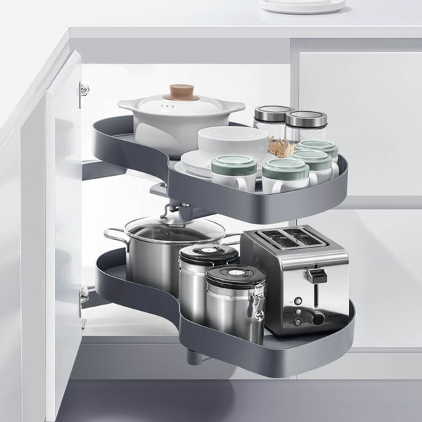 Higold Australia Shearer Swing Out Kitchen Corner Storage for 900mm Blind Corner Cabinets in Titanium Grey finish with smooth 270-degree sliding motion available at Renovator Store.