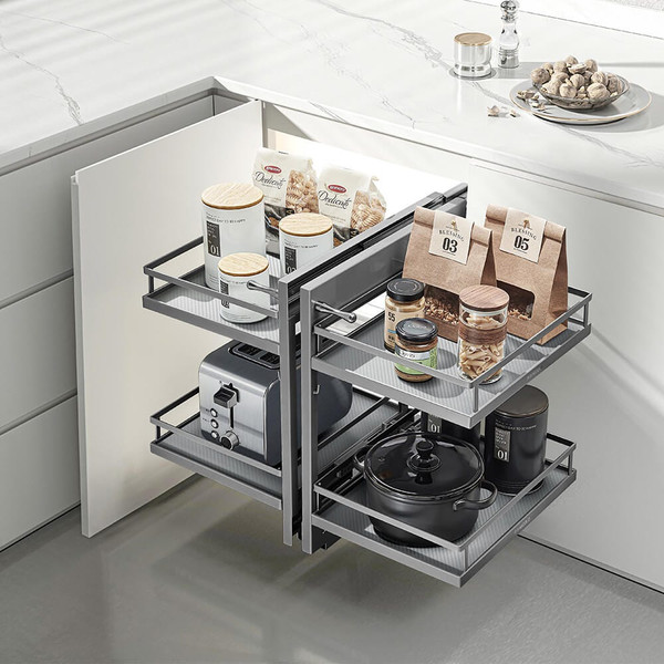 HIGOLD Diamond PRO Show Hand Magic Corner II Pull Out Kitchen Storage with dark grey matte finish baskets for 900mm blind corner cabinets.