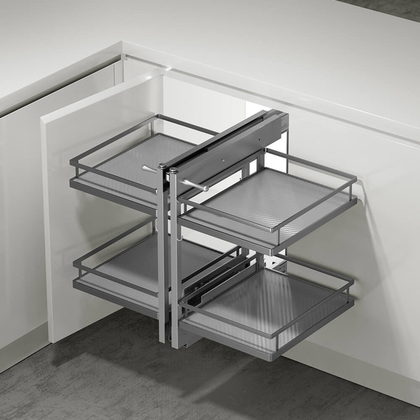 Higold Diamond PRO Show Hand Magic Corner II pull out kitchen storage in matte grey finish with front baskets extended for easy access to blind corner cabinets in an Australian kitchen.