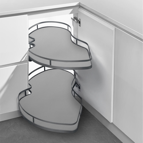 Two-Tier Swing Out Kitchen Corner Storage Pull Out Unit with Grey Trays and Chrome Railing for Left Opening Blind Cabinets in Australia