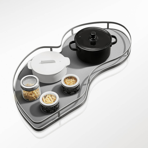 Swing-out kidney-shaped blind corner cabinet pull-out organizer with two tiers of white non-slip trays for optimized kitchen storage in Australia.