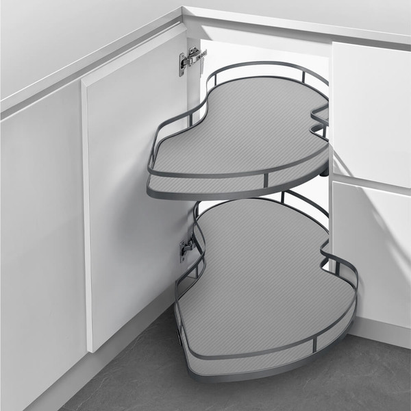 Two-tier pull-out blind corner kitchen cabinet storage with height adjustable trays for efficient organization in Australian homes.