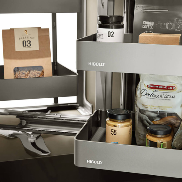 Higold Shearer Style kitchen corner storage unit with titanium grey round edge baskets, pull out blind corner cabinet solution for modern Australian homes.