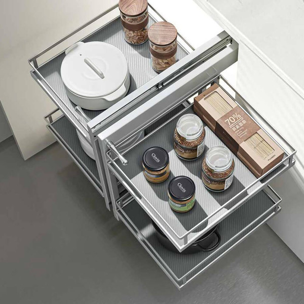 Elite Show Hand Magic Corner II kitchen pull-out storage with matte grey railings for 900mm blind corner cabinets in Australia.