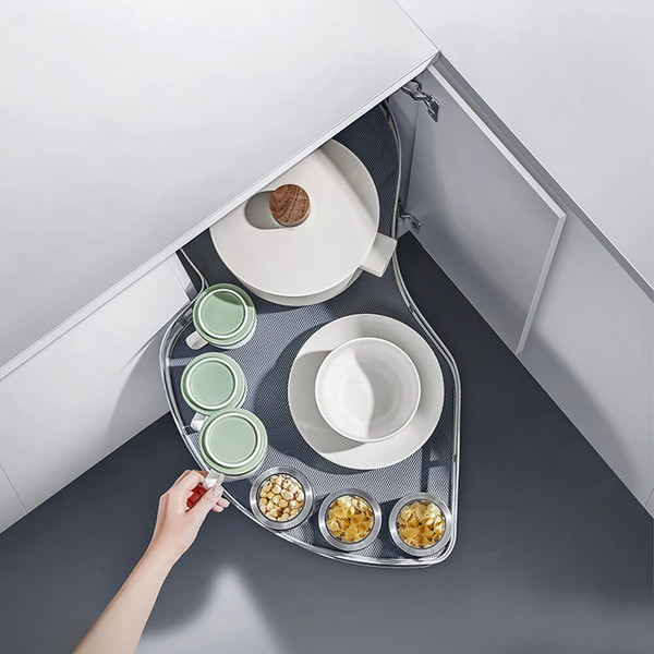 Higold Diamond Style Left Hand Open Kitchen Corner Storage with Matte Grey Baskets and Chrome Railings for 900mm Blind Corner Cabinet Australia