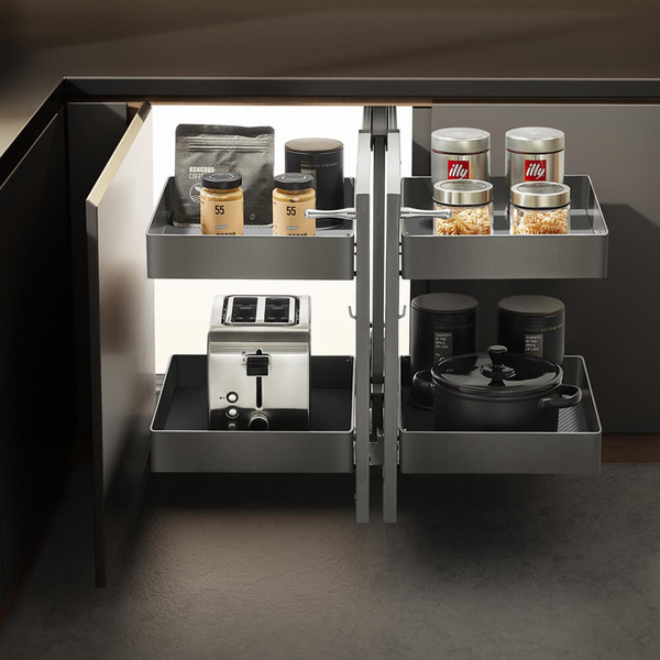 Modern grey pull-out kitchen blind corner storage baskets by Higold Australia for efficient cabinet organization.