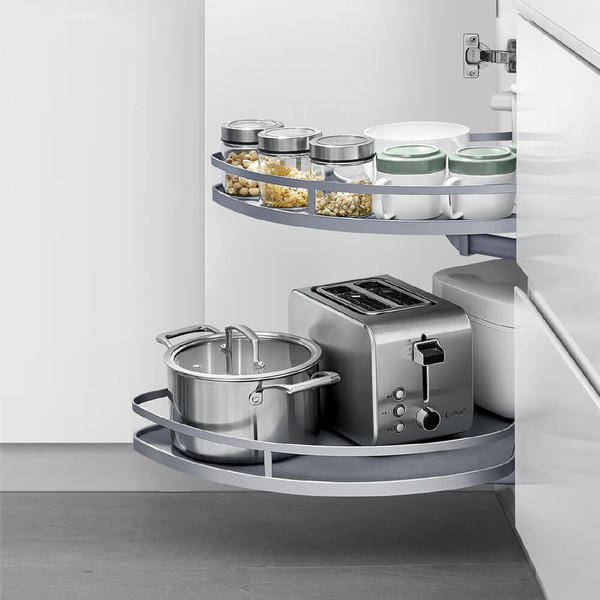 Modern kitchen blind corner cabinet storage solution featuring chrome railings and a white MDF timber base, available at Renovator Store Australia.