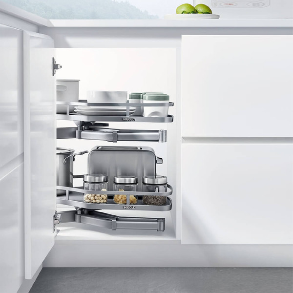 Height adjustable kitchen corner cabinet pull-out storage with soft-close mechanism for Australian homes.