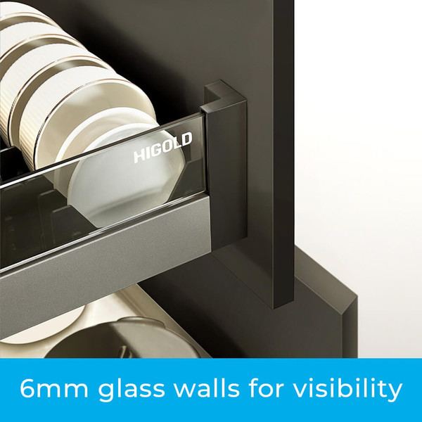 Higold Shearer Crystal series pull-out kitchen storage drawer featuring anthracite grey aluminium frame and safety glass side panels for a modern Australian home kitchen.