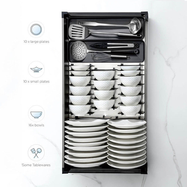 Soft-close kitchen multipurpose pull-out drawer organizer for under-bench cabinet storage in Australian homes.