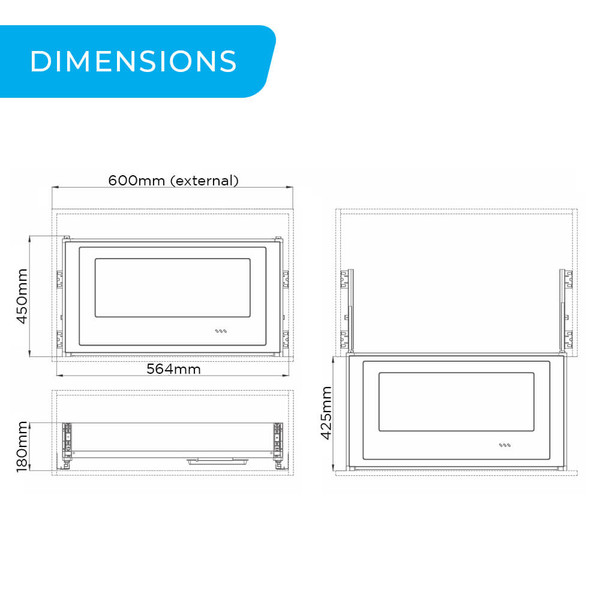 Technical diagram showing dimensions of a Higold Shearer matte grey pull-out kitchen drawer for 600mm cabinets, available at Renovator Store Australia.