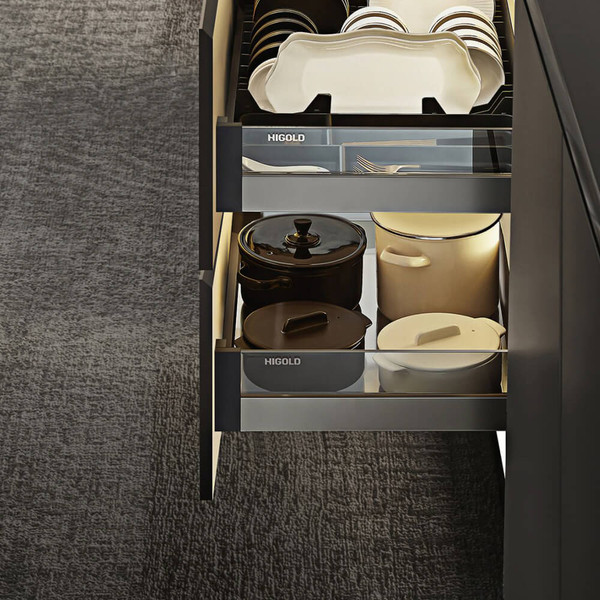 Higold Shearer Crystal pull-out kitchen drawer with 6mm safety glass walls and anthracite grey aluminum frame for modern Australian home organization.