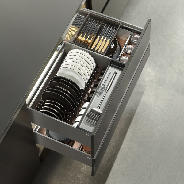 Higold Shearer multipurpose pull-out kitchen drawer with adjustable grey dividers and dish drainer trays for organized storage in Australia.