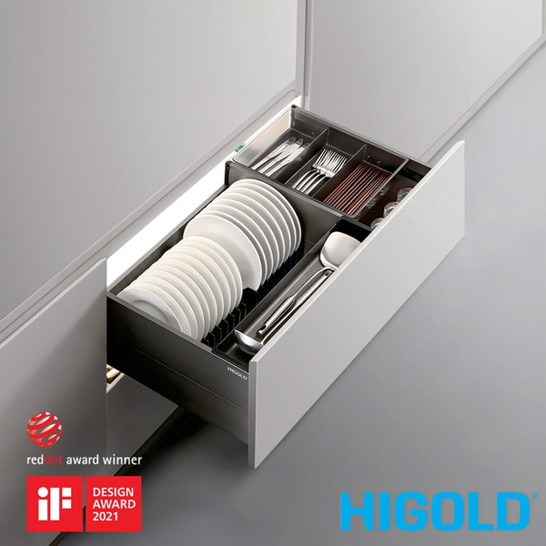 Higold Shearer 2.0 Multipurpose Pull Out Kitchen Drawer with plate dividers and drain tray in matte grey, 900mm width, available at Renovator Store Australia.