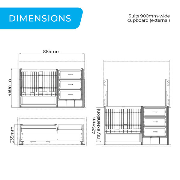 HIGOLD Shearer 2.0 Multipurpose Pull Out Kitchen Drawer with dimensions for 900mm cabinet installations in Australia.