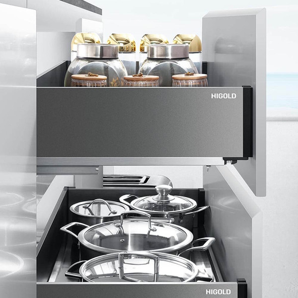HIGOLD Shearer 2.0 matte grey 600mm multipurpose pull-out kitchen drawer with soft-close runners and drain tray for underbench cabinet storage in Australian homes.