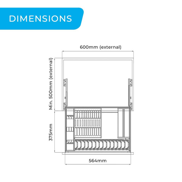 Higold Australia Shearer 2.0 600mm multipurpose pull-out kitchen drawer dimensions and technical specifications for Australian kitchen renovations.