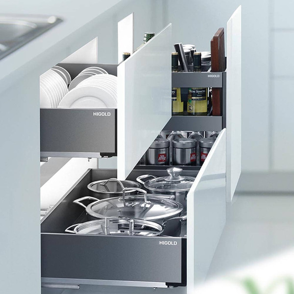 HIGOLD Shearer 2.0 matte grey 900mm multipurpose pull out kitchen drawer organiser for modular cabinets, Australia.