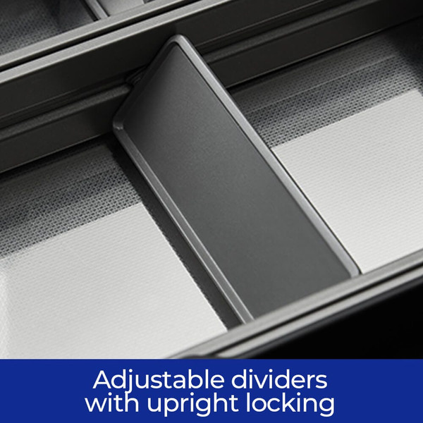 Adjustable dark grey kitchen drawer insert with customizable dividers for organizing cutlery and utensils in Australian homes.