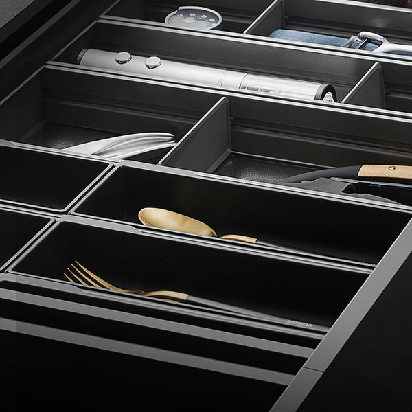 Dark Grey Modular Kitchen Drawer Insert with Adjustable Cutlery and Utensil Dividers for Organised Australian Homes