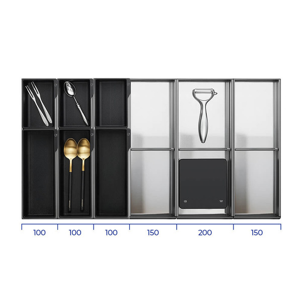 Adjustable dark grey kitchen drawer organiser with modular compartments for cutlery and utensil storage, available for delivery across Australia.