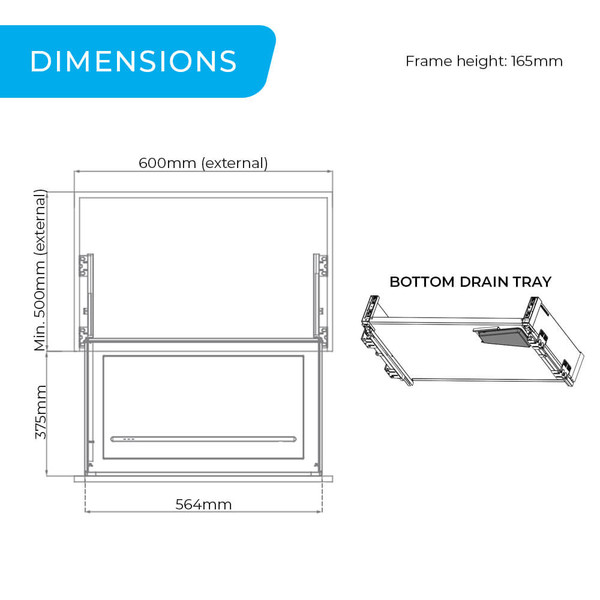 Higold Australia Shearer 2.0 Pull Out Kitchen Drawer with Drain Tray dimensions for 600mm base cabinets in matte grey.
