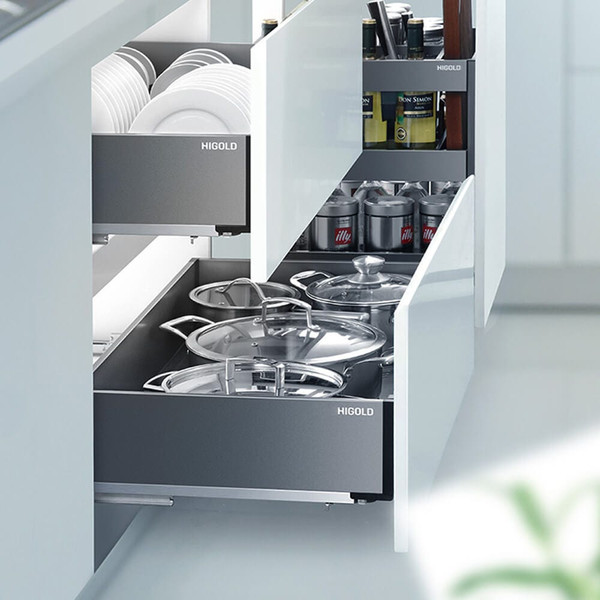 Higold Shearer 2.0 matte grey pull out kitchen drawer organiser with adjustable dividers for standard 600mm and 900mm Australian cabinets.