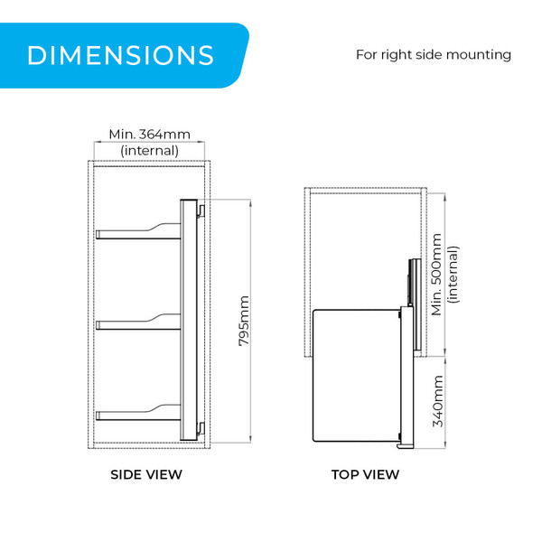 Higold B Series Side Mounted Wardrobe Storage Organiser for 400mm Cabinet Right Mount Tiffany Teal Finish Dimensions