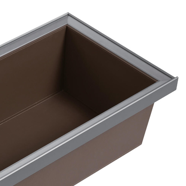 High-quality wardrobe pull-out basket in premium grey and brown leather finish, ideal for organized clothes storage in Australian homes.