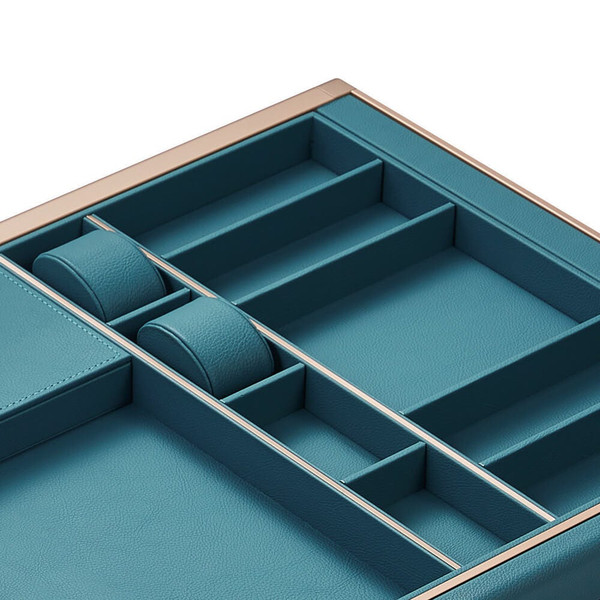 Turquoise soft-touch leather accessory storage box with dividers and soft-close slide-out mechanism for premium Australian home wardrobe organization.