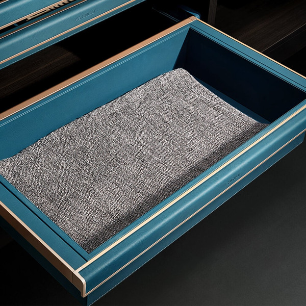 Higold B Series Teal Blue low profile pull out wardrobe storage basket with leather-look finish for 900mm cabinets, available at Renovator Store Australia.