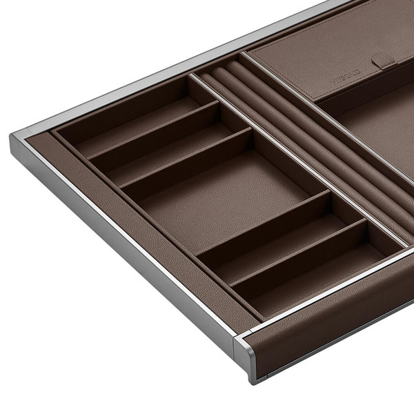 Natural brown PU leather sliding drawer tray for 600mm wardrobe cabinets, premium closet storage for accessories in Australia.