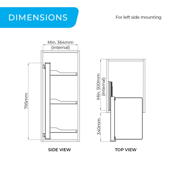 Dimensional diagram for Higold B Series 3-tier slide-out wardrobe storage basket, left side mount, natural finish, for 400mm cabinet, Australia.