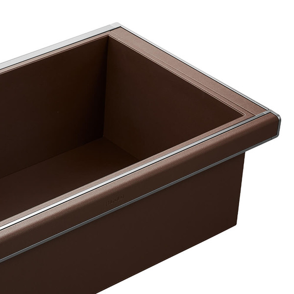 Luxury brown faux leather wardrobe storage box with smooth sliding runners for organized closet storage in Australia.