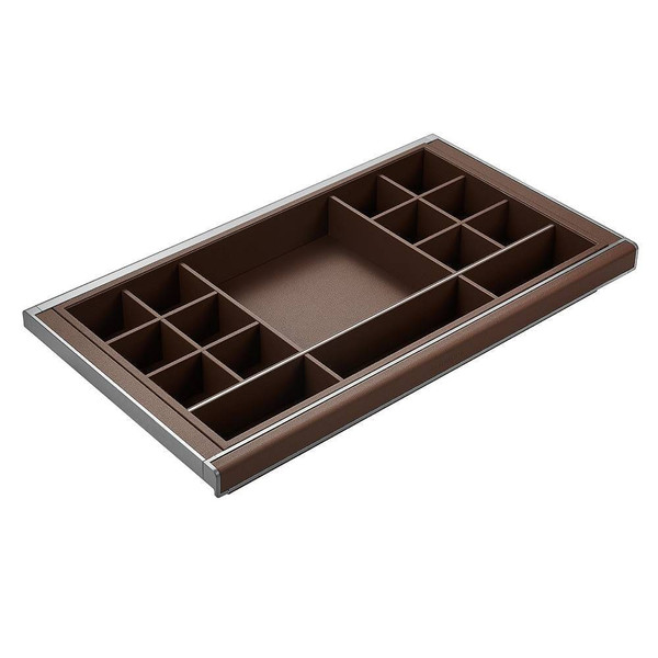 Higold B Series Natural Pull Out Wardrobe Drawer Storage for 900mm Cabinets featuring multi-section compartments and brown vegan PU leather finish available at Renovator Store Australia.