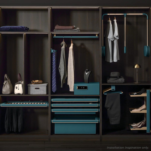 Higold B Series Teal Wardrobe Storage Collection featuring pull-out baskets, jewelry drawers, and trouser racks for luxury closet organization in Australian homes.