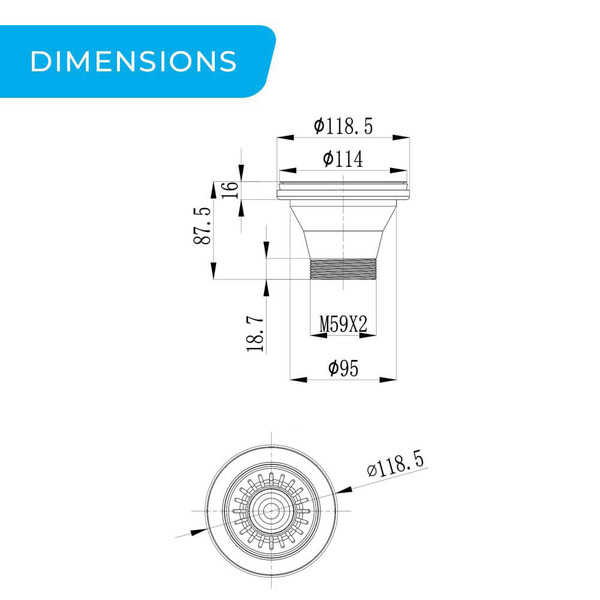 Higold 114mm Stainless Steel Round Sink Strainer and Waste Dimensions Diagram for Australia Kitchen Renovations