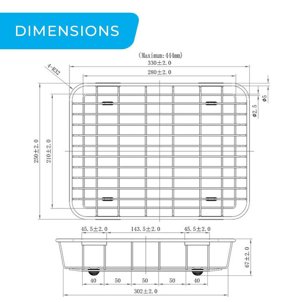 Technical drawing showing the dimensions of a Higold 335mm stainless steel expandable dish drainer basket for kitchen sinks in Australia.