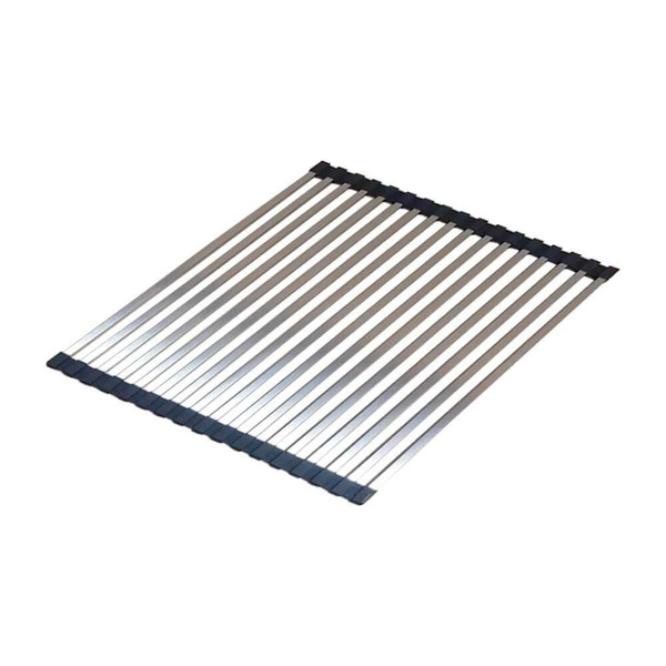 Stainless steel rollable over-sink drainer tray for kitchen sink organization and drying in Australia.