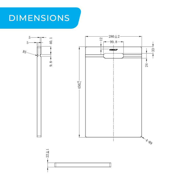Higold Sapele Wood Chopping Board 450mm Production Dimensions Diagram for Kitchen Sinks Australia