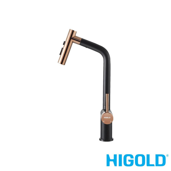 Higold BN1.0 tri-functional pull-out kitchen mixer tap in PVD rose gold and matte black finish available at Renovator Store Australia.