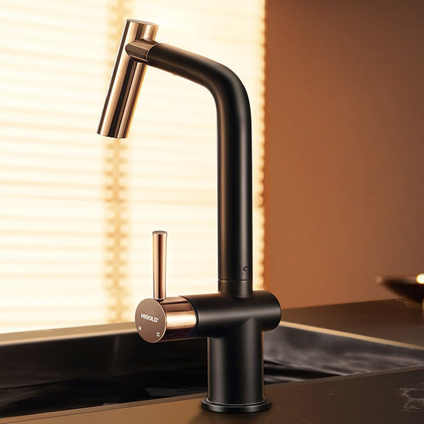 Modern tri-functional pull-out kitchen mixer tap in PVD rose gold and black finish available at Renovator Store Australia.