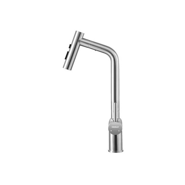 Brushed PVD tri-functional pull-out kitchen mixer tap with dual handle control for hot, cold, and filtered water, suitable for modern Australian homes.