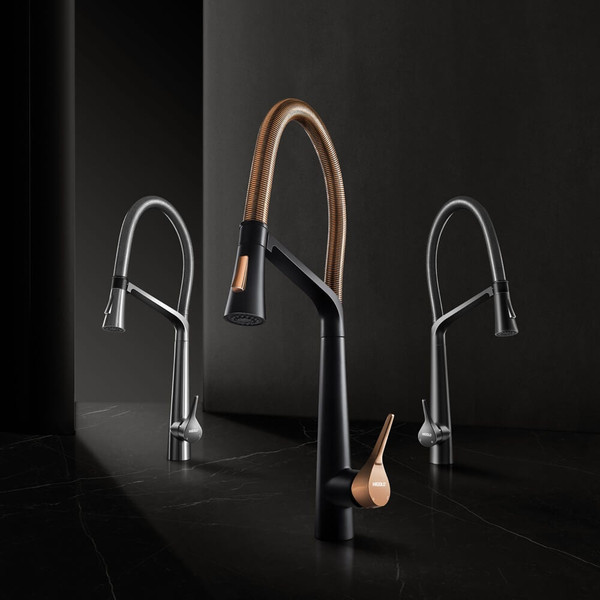 Higold BN2.0 Magnetic Pull-Out Kitchen Mixer Tap with high-arc spring neck in a modern black and rose gold finish, available for delivery across Australia.