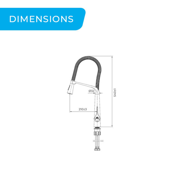 Detailed technical dimensions of the BN2.0 Magnetic Pull-Out Kitchen Mixer Tap for Australian home renovations.